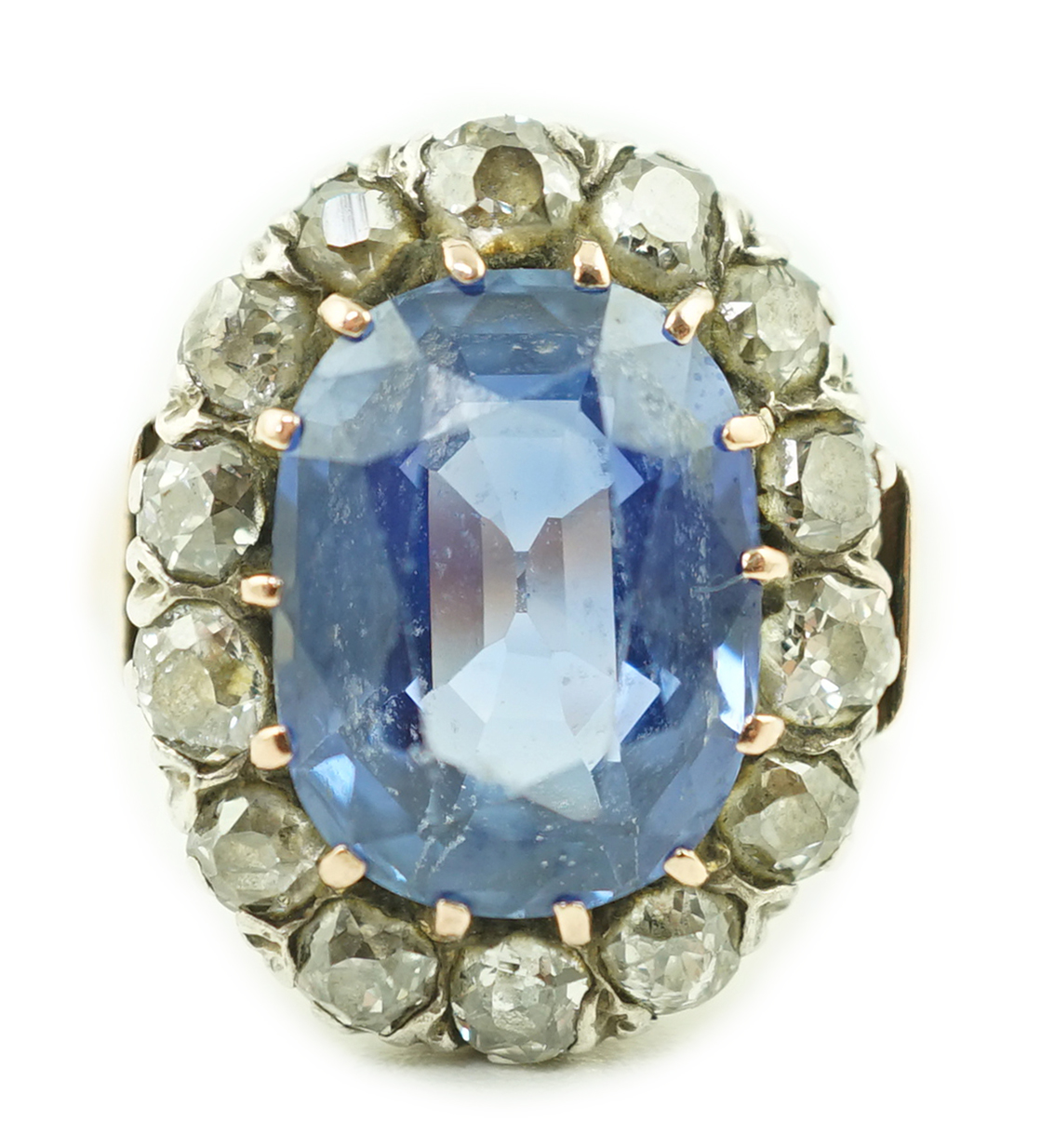 A Victorian gold, sapphire and diamond set oval cluster ring